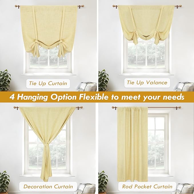 DriftAway Double Layer Linen Blackout Tie Up Curtains Thermal Insulated Fully Lined Balloon Roman Shade Bathroom Window Adjustable Rod Pocket for Small Window 39 Inch by 55 Inch Yellow