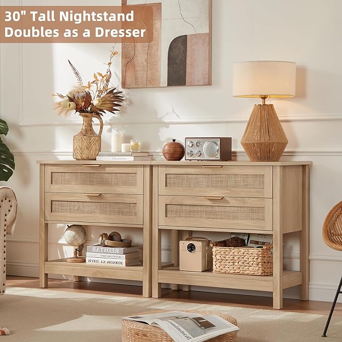 LEYAOYAO 31.5" Wide Rattan Night Stand, Oversized Large Boho Nightstand with 2 Drawer, Natural Wood Bed Side End Tables with Storage Shelf, Tall Bedside Table for Bedroom Living Room, Hallway