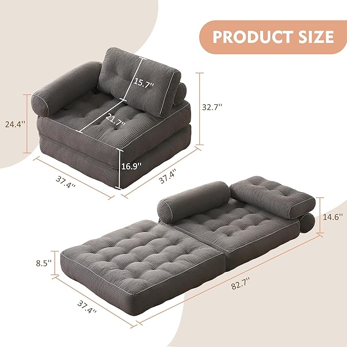 Plus Futon Sofa Bed for Small Spaces, Floor Couch with Armrest, Folding Sofa Couch, Convertible Sleeper Chair Bed with Pillow, Portable Comfy Floor Lounge for Living Room and Bedroom, Grey