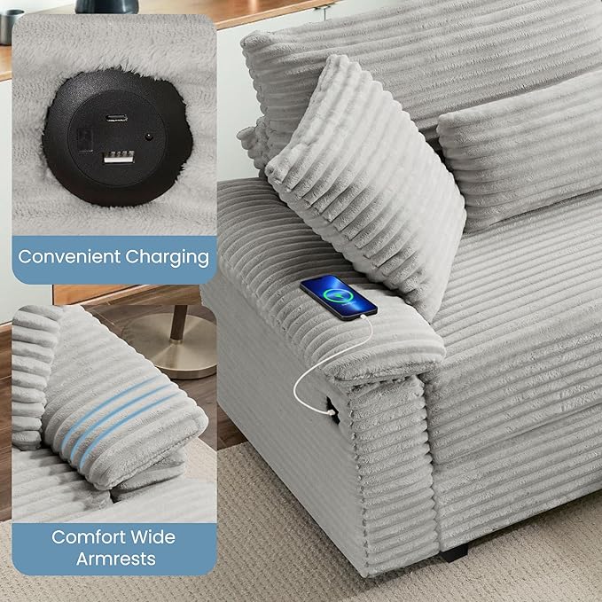 SUNWAVE 74" Double Chaise Lounge Chair Indoor, Oversized Loveseat with Removeable Ottoman, Corduroy Couch with USB Charging, Storage Ottoman, and Coffee Table Cushions for Living Room (2 Chaise Gray)