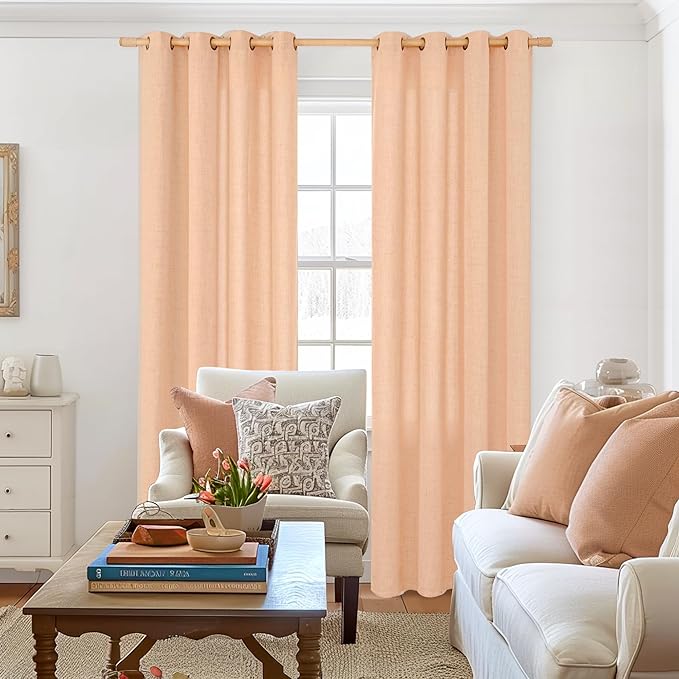 YoungsTex Peach Linen Semi Sheer Curtains 84 Inches Length 2 Panels for Bedroom, Light Filtering Drapes with Bronze Grommet Window Treatments for Dining Living Room, 52 x 84 Inch
