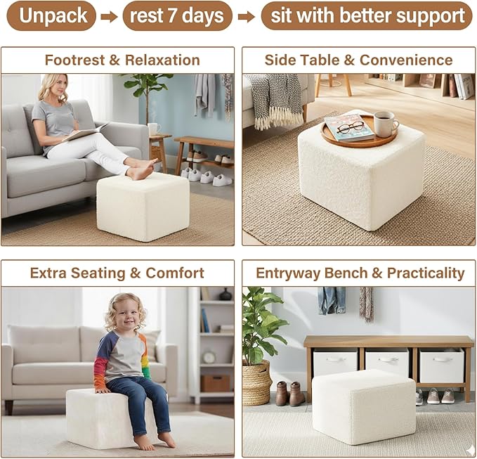 Tiita Square Stuffed Pouf Ottoman, Plush Poufs with Foam Chunk Filling, Foot Rest Stool for Living Room, Cream
