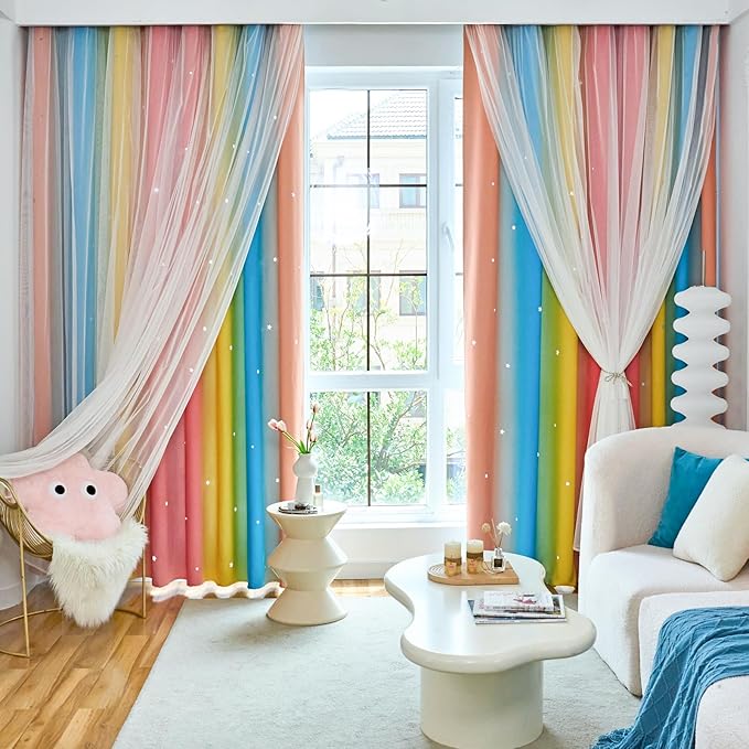 Star Blackout Curtains for Bedroom - Rainbow, 84 Inches Long, 2 Panels - Red, Yellow & Blue