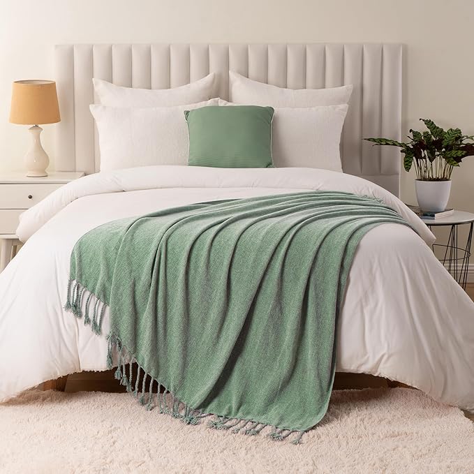 BATTILO HOME Sage Green Throw Blanket for Couch, Bed, Sofa - Soft Cozy Sage Chenille Throw with Fringe Tassels, Lightweight Green Knit Throw for Spring Home Decor, 50"x60"