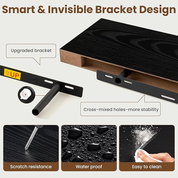30 Inch Floating Shelves for Wall, 8 Inch Deep Floating Shelf for Storage & Display, Rustic Wall Mounted Shelf with Invisible Brackets for Living Room, Kitchen, Bathroom, Home Decor, Set of 2, Black