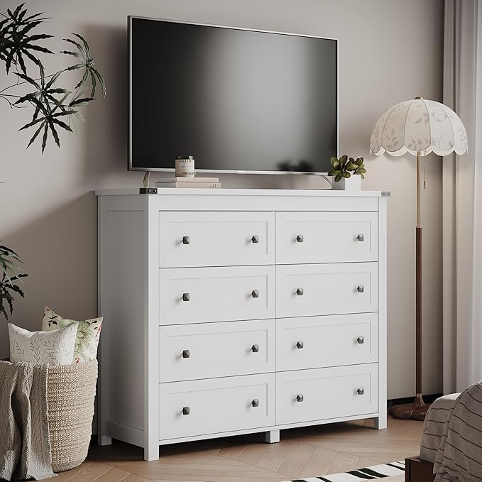Dresser for Bedroom with 8 Drawers, Farmhouse Wood Chest of Drawers, Wide TV Stand Closet Storage Furniture with Metal Handle, Modern Clothes Organizer for Hallway, Living Room, Entryway, White