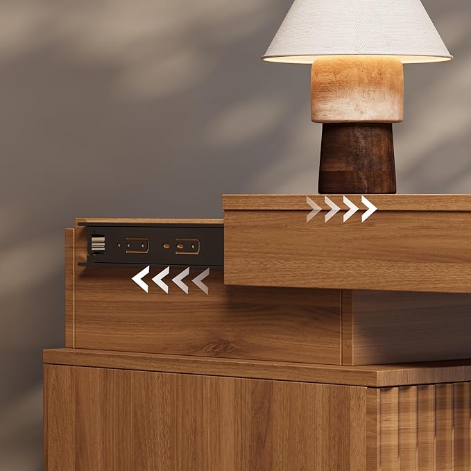 Nightstand Set of 2 for Bedroom, LED Nightstand with 3 Drawers and Charging Station, Mid Century Modern Fluted Nightstands, Bedside Tables & End Tables, Walnut