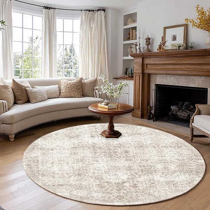 FMFUNCTEX 8ft Round Washable Area Rug Beige Vintage Neutral Distressed Large Non Slip Carpet for Living Room Bedroom Soft Low Pile Indoor Mat Retro Floral Throw Rug for Dining Kitchen Office Nursery