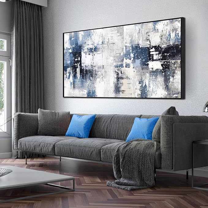 White and Blue Abstract Canvas Wall Art for Living Room Bedroom Home Office Large Black Framed Artwork Grey Abstract Canvas Prints Ready to Hang Size 29x59