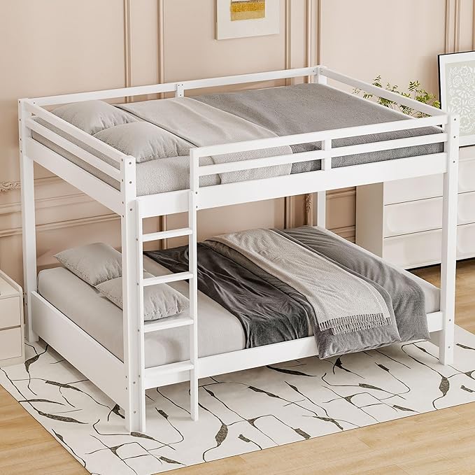 Bellemave Queen Over Queen Size Bunk Bed for Kids/Adults,Solid Wood Bunk Bed Frame Queen Size with Ladder & Safety Guardrails,White