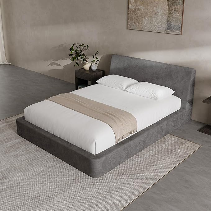 RECCI Cloud Queen Bed Frame with Ergonomic Angled Foam Cushioned Headboard, Minimalist Design Platform Bed Frame, No Box Spring Needed, Easy Assembly (Moon Grey)