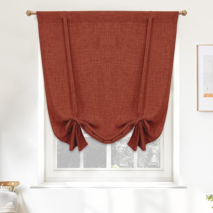 DriftAway Double Layer Linen Blackout Tie Up Curtains Thermal Insulated Fully Lined Balloon Roman Shade Bathroom Window Adjustable Rod Pocket for Small Window 39 Inch by 55 Inch Burnt Orange