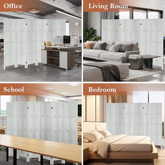 Wood Room Divider 6 Panel Folding Privacy Screen, Classic 5.6Ft Indoor Wooden Partition, Portable Partition Wall Divider for Room Separation, Home, Office, Bedroom, Restaurant (White)