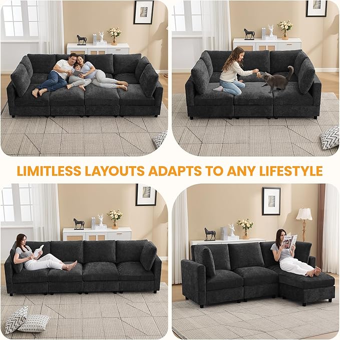 116'' 4-Seater Modular Sectional Cloud Sofa with Ottoman, Convertible L-Shaped Couch for Living Room, Modern Deep Seat Modular Sofa, Chenille Dark Grey