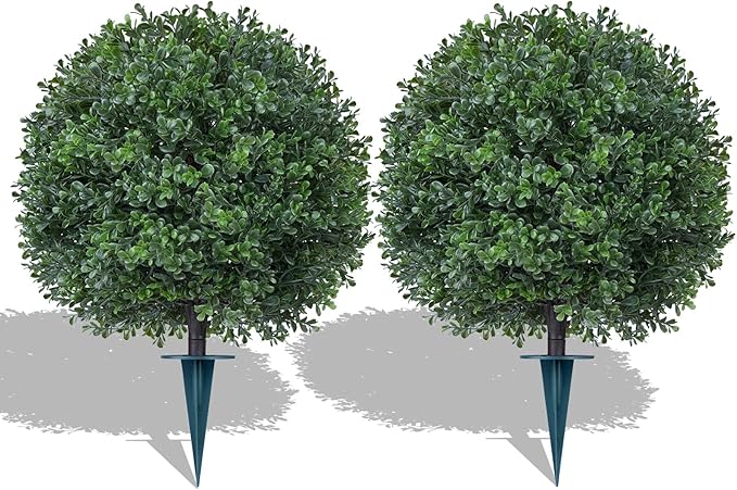 Artificial 23" Boxwood Topiary Trees with Ground Spike,2 Pieces Fake Pine Shrubs Bushes, UV Resistant Faux Evergreen Cypress Tree Plants for Indoor Outdoor Planters Front Porch