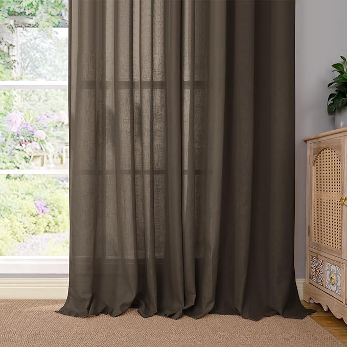 YoungsTex Brown Linen Curtains 63 Inches Long for Living Room Window, Light Filtering Drapes Semi Sheer with Grommet Privacy Decorative for Bedroom, 2 Panels, 52 X 63 Inch