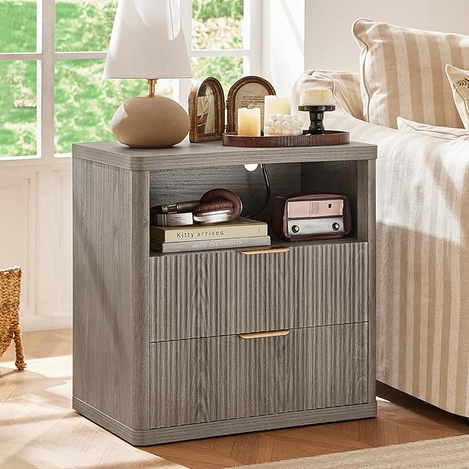 LEYAOYAO 48" Wide Fluted Dresser and 2 Drawers 23" Nightstand Set of 2, Wooden Dresser & Night Stand with Charging Station, 3 Piece Bedroom Furniture Set, Chest of Drawer for Living Room,Grey