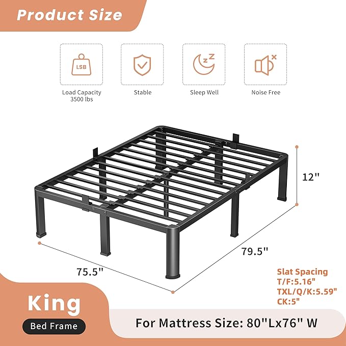 12 Inch King Heavy Duty 3500 lbs Bed Frame with Round-Corner Legs & Anti-Squeak Design – Quick Assembly Metal Platform, No Box Spring Needed