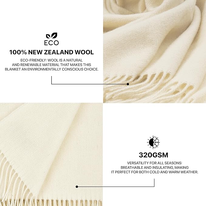 | Wool Blanket/Throw | 100% New Zealand Wool | Perfect for Home and Outdoors | Virgin Wool Throw with Fringes 67"x79" (170 x 200 cm)