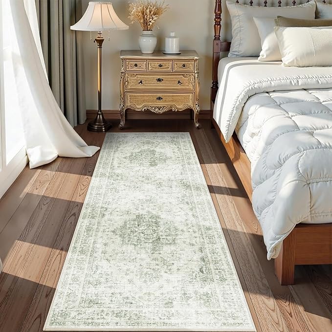 2x6 Hallway Washable Runner Rug Vintage Non-Slip Soft Kitchen Mat Boho Medallion Distressed Farmhouse Carpet Floral Low Pile Indoor Throw Rug for Entryway Bathroom Living Room Bedroom, Green
