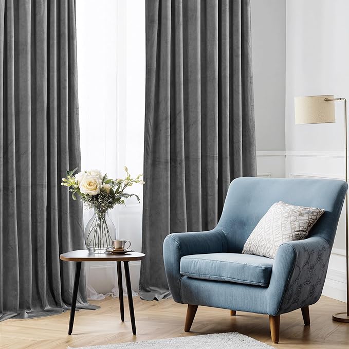 StangH Grey Velvet Curtains 84 inches Long - Soft Thick Velvet Blackout Window Drapes Thermal Insulated Window Treatment for Bedroom/Living Room/Dorm, W52 x L84 Per Panel, Set of 2
