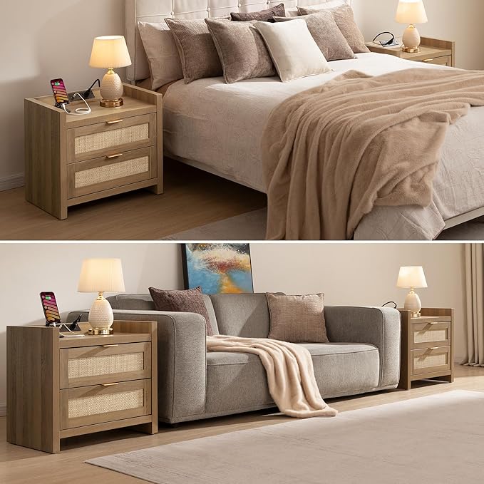 SICOTAS Night Stand Set of 2 - Rattan Nightstands with Type-C Charging Station, 2 Rattan Drawers - Boho Bed Side Tables End Table for Small Space - Natural Oak