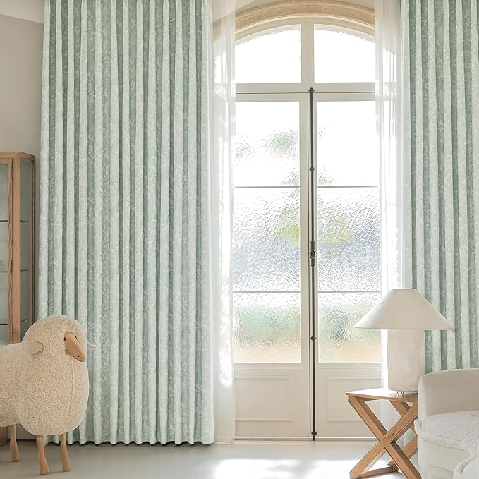Beauoop Green Floral Jacquard Blackout Curtains 84 Inches Long 2 Panels for Bedroom Living Room Sage Flower Chenille Room Darkening Thermal Insulated Soundproof Grommet Window Treatments Drapes, 52x84