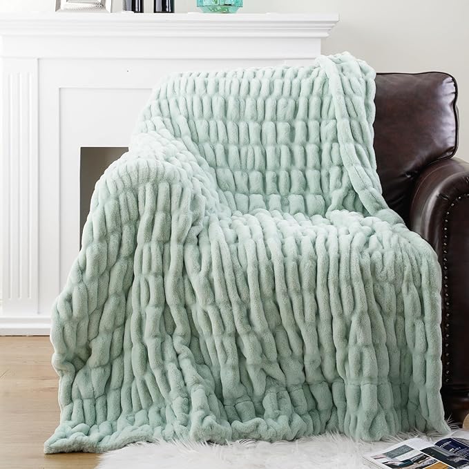 BATTILO HOME Faux Fur Throw Blanket for Couch, Super Soft Cozy Blanket, Double Side Ruched Rabbit Fur Blanket for Bed, Living Room, 60"x80", Sage Green