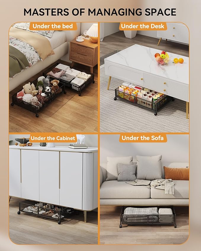 Under Bed Storage with Wheels, Foldable Pattern Carved Metal Under The Bed Storage, Tool-Free Assembly Under Bed Organizer, 60L Underbed Storage for Bedroom Clothes Blankets Shoes Toys