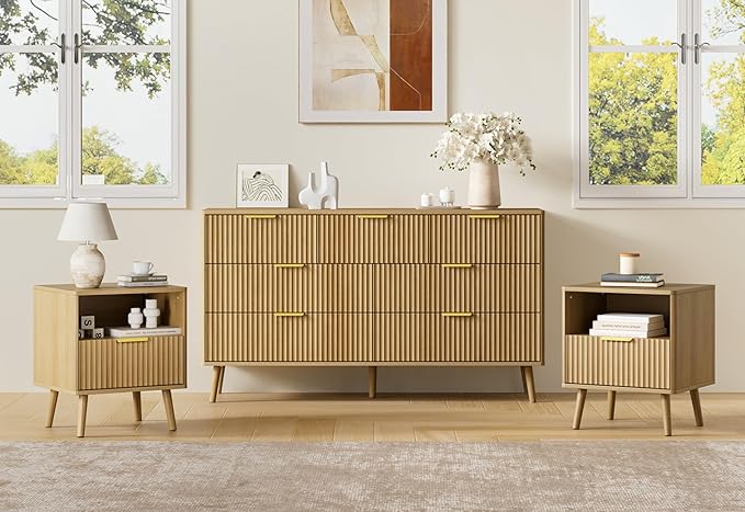 LYNSOM Fluted Dresser and Nightstand Sets 3 Piece, 7-Drawers Dresser and 1-Drawer Nightstands Set of 2, Wood Bedroom Furniture Set for Home, Bedroom, Hallway, Oak