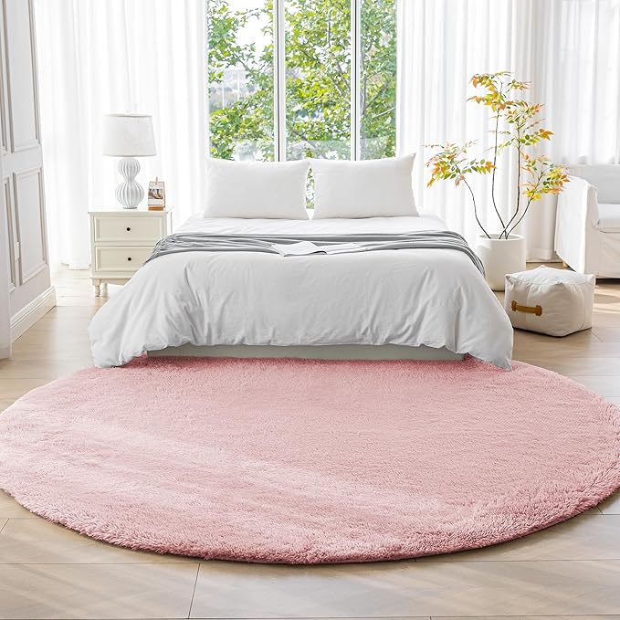 Amazon Basics Fluffy Washable Round Area Rug, Circle Shaggy Carpet for Living Room, Bedroom, Nursery, 5'R, Pink
