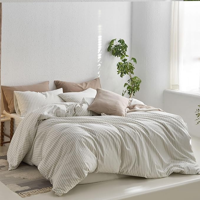 MooMee Striped Duvet Cover Set 100% Washed Cotton Linen Like Textured Breathable Durable Soft Comfy (White Sage Green Wide Stripes, Oversized King Plus 128"x120")