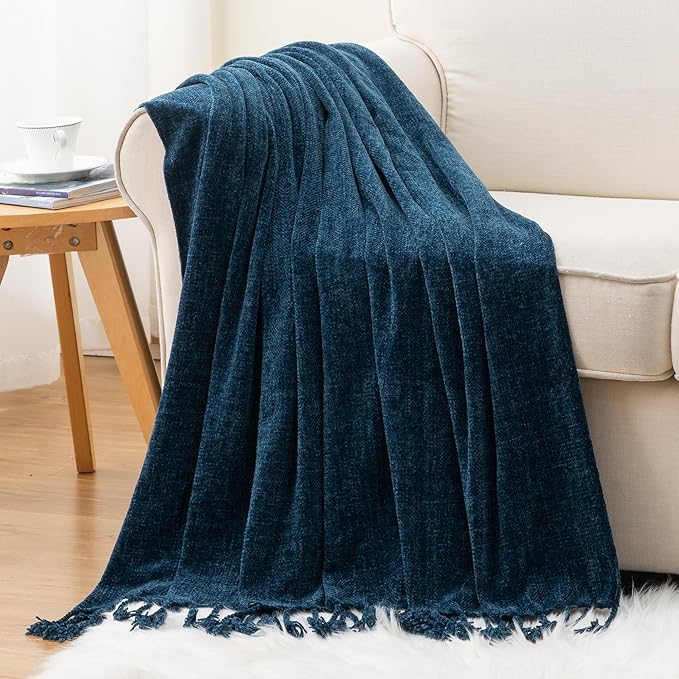 BATTILO HOME Navy Blue Chenille Throw Blanket for Couch, Bed, Sofa - Soft Cozy Chenille Knitted Throw Blanket with Handmade Fringe Tassels, Lightweight Knit Throw for Home Decor, 50"x60"