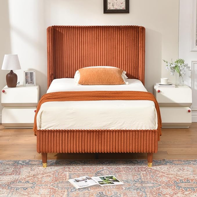 PINJU Twin Size Bed Frame, Upholstered Platform Bed with Modern Vertical Striped Wingback Headboard with Wooden Slats, Easy to Assemble No Noise Free (OCHER, Twin)