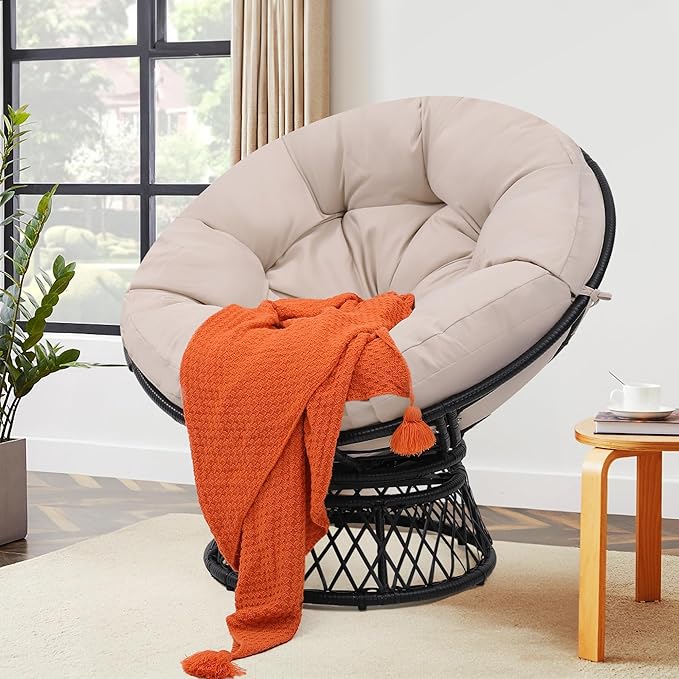 46" Giant Oversized Ergonomic Rattan Papasan Chair with Soft Thick Cushion for Adults, Fluid 360° Swivel, Waterproof, Black Frame with Beige Cushion