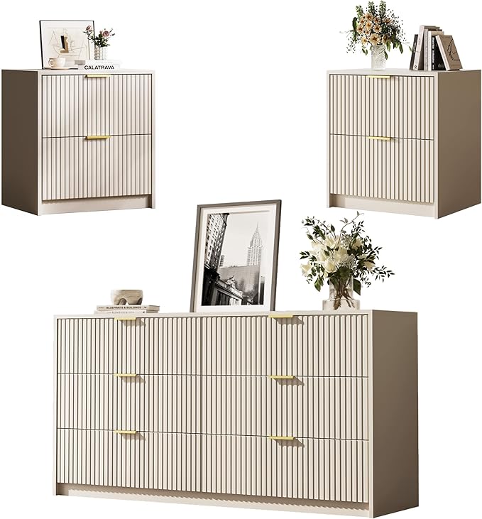 3-Piece Dresser Bedroom Set, 6 Drawer Dresser & 2 Drawer Nightstands with Gold Handles, Fluted Wood Chest of Drawers for Bedroom, Living Room, Entryway, Beige