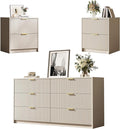 3-Piece Dresser Bedroom Set, 6 Drawer Dresser & 2 Drawer Nightstands with Gold Handles, Fluted Wood Chest of Drawers for Bedroom, Living Room, Entryway, Beige