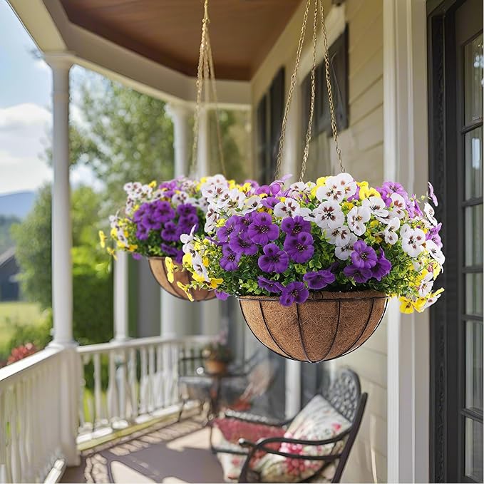 18 Pcs Artificial Fake Pansy Flowers for Outdoor, Faux Silk Pansies Spring Flowers for Outside for Planter Front Door Porch Yard Patio Window Box Home Decor (18, Purple, Yellow, White)