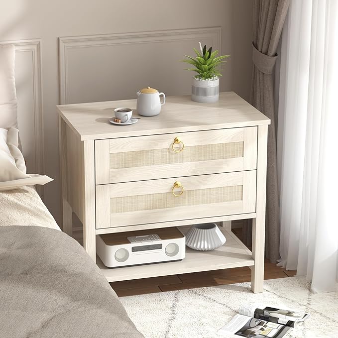 CMFYDAILY Wooden Nightstand Set of 2, Boho Side Tables with 2 Woven Rattan Drawers and Storage Shelf, Bedside Tables for Bedroom, or Home Office