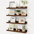 Fun Memories Picture Ledge Shelf, Solid Pine Wood Floating Shelves Set of 4, 16 Inches Nursery Book Shelves for Toys Storage, Kids Bookshelf Wall Mounted for Living Room Decor Photo Frames, Walnut