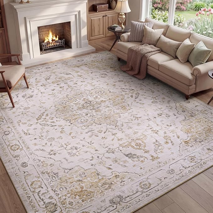 PADOOR 9X12 Area Rug,Rugs for Living Room,Soft Beige Rugs for Bedroom,Machine Washable Rug Non Slip Carpet for Dining Room Living Room Bedside Office