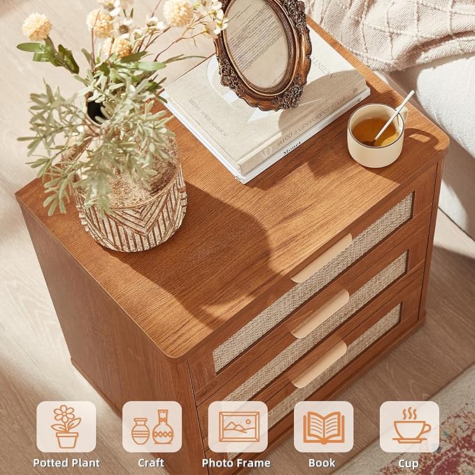 LEYAOYAO Rattan Night Stand with Drawers, 23" Large 3 Drawer Boho Nightstand, Natural Wood Bedside Table Storage Cabinet, Bed Side End Tables Dresser for Bedroom, Living Room, Hallway, Closet