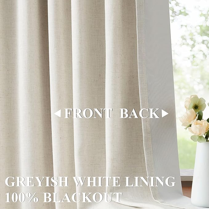 Vision Home Natural Linen Full Blackout Curtains 95 inch Long for Bedroom Living Room Darkening Light Blocking Window Panels Thermal Insulated Rod Pocket Back Tab Neutral Drapes 56" Wx95 Lx2