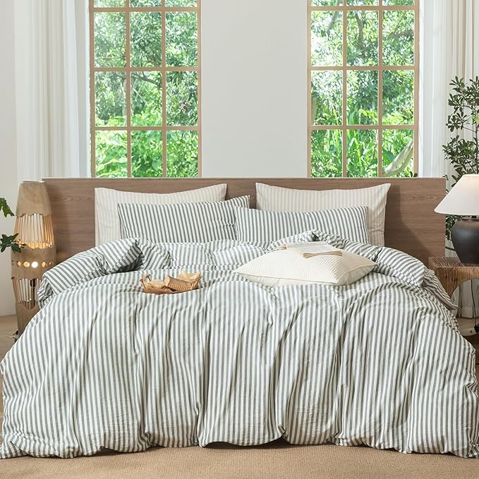 MooMee Striped Duvet Cover Set 100% Washed Cotton Linen Like Textured Breathable Durable Soft Comfy (Heathered Green Classic Stripes, Oversized Full 82"x86")