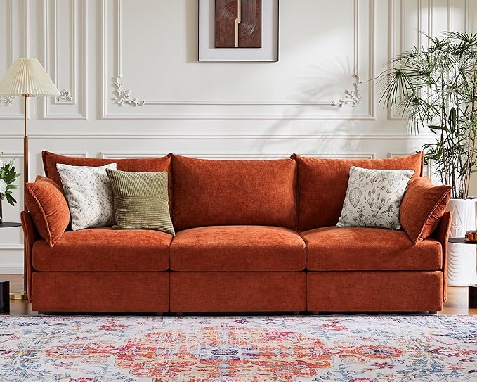 ABCASA 102.6" Modular Sectional Sofa, Oversized 3-Seater Terracotta Orange Couch with Removable Chenille Fabric Cover, Deep Seat & High Backrest for Living Room, Office & Apartment