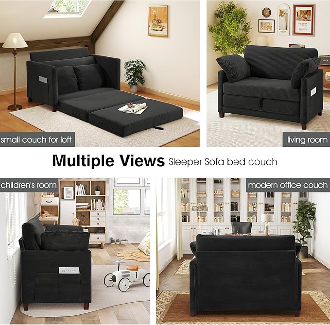 51" Loveseat Sleeper Sofa Bed, Corduroy Convertible Floor Sofa Bed for Small Spaces, Folding Couch Bed with Deep Seat, 2 Pillows & Solid Frame, Pull Out Floor Couch for Living Room, Black