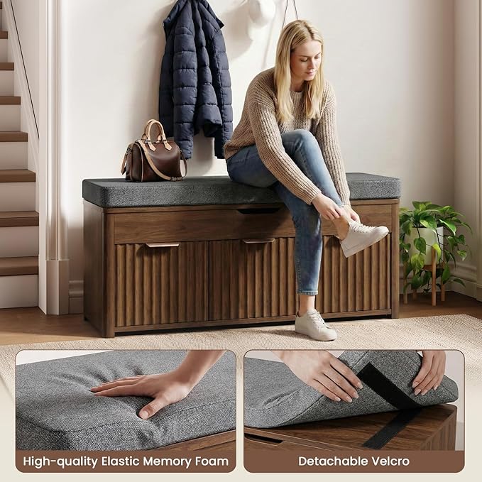 Shoe Bench with Storage - Lift Top Entryway Bench with Hidden Storage, Shoe Rack with Adjustable Shelves and Cushioned Seat, Wooden End of Bed Bench for Bedroom, Living Room and Hallway,Walnut