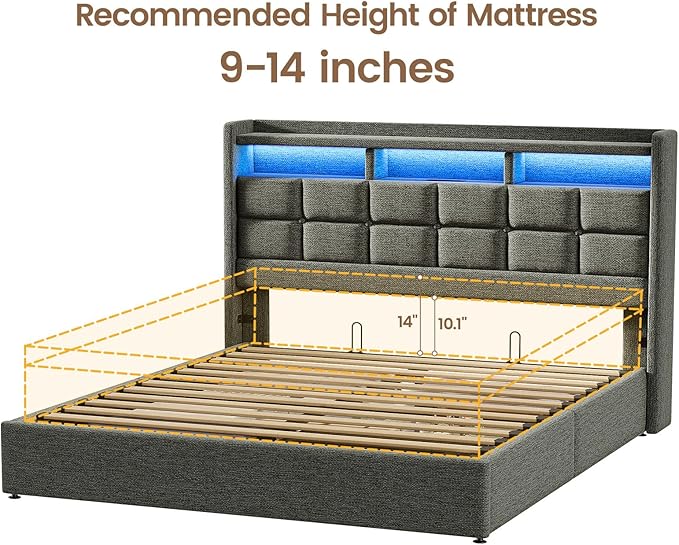 Lift Up Queen Bed Frame with Storage, Upholstered Bed Frame Queen Size with LED Lights Headboard and Charging Station, No Box Spring Needed, Easy Assembly - Dark Grey