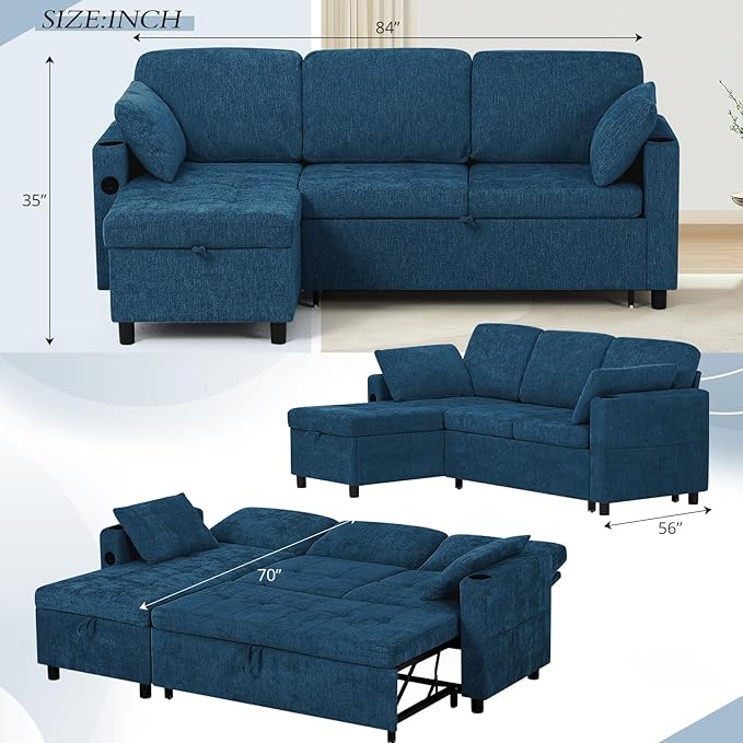 84" Chenille Pull Out Sofa Bed w/Adjustable Backrest, L-Shape Modern Sleeper Sofa w/Reversible Chaise, Upholstered Sectional Couch w/USB Port and Side Pockets for Living Room, House, Blue