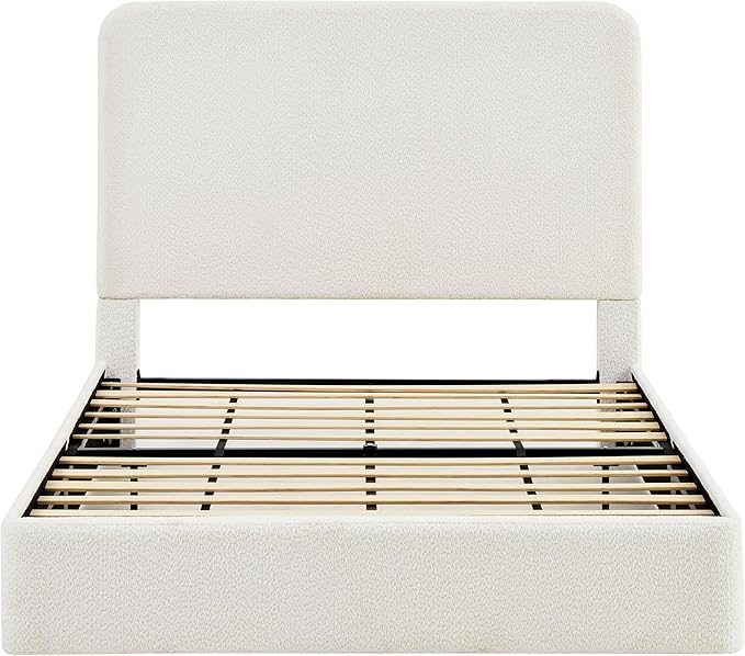 Queen Size Upholstered Bed Frame, 52" High Headboard Wingback Bedframes, Canter Tall Headboard Floor Platform Beds, No Box Spring Needed No Noise/Easy Assembly/Minimalist, Pearl White Chenille